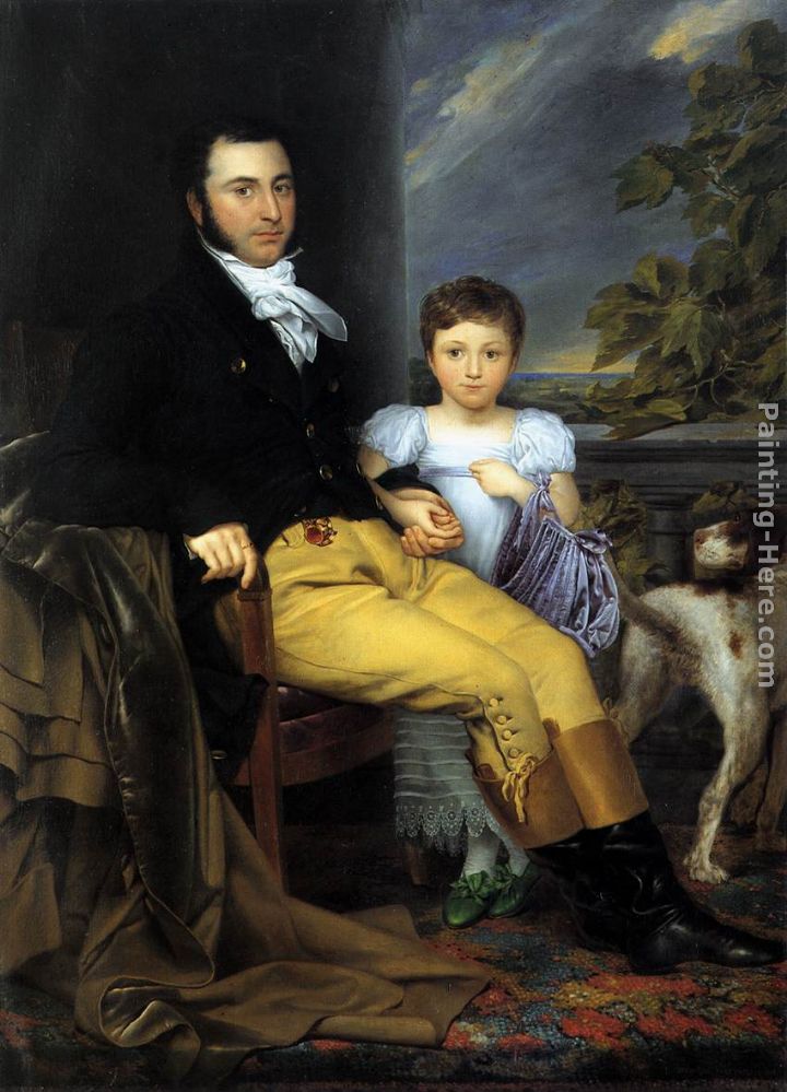 Portrait of a Prominent Gentleman with his Daughter and Hunting Dog painting - Joseph-Denis Odevaere Portrait of a Prominent Gentleman with his Daughter and Hunting Dog art painting